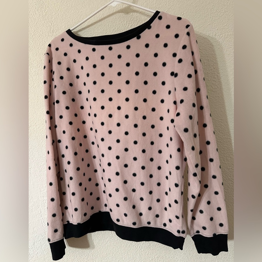 Betsey Johnson Top Woman Pink and Black Polka Dot Light Fleece Long Sleeve Sz.L